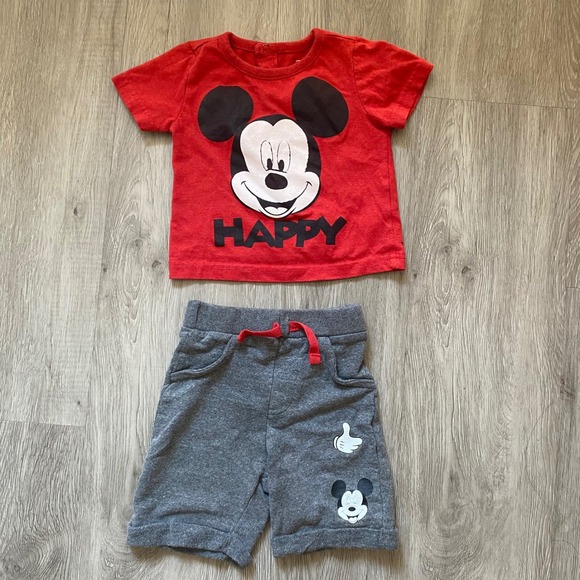 Disney Baby 12 months Matching Set Mickey T Shirt‎ Sweat Shorts Red Happy - Picture 1 of 9